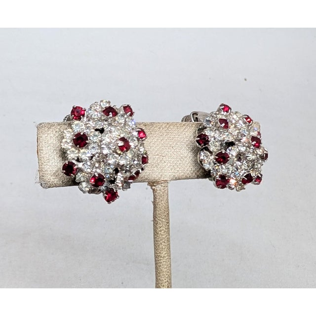Vendome Vintage 1960s Signed Vendome Rhodium Plated Clear & Faux-Garnet Clip Earrings-2 Pieces For Sale - Image 4 of 9
