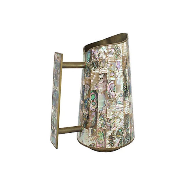 Mid-Century Modern Mid-Century Inlaid Abalone Brass Pitcher For Sale - Image 3 of 7