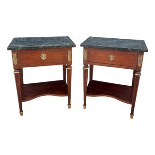 French Louis XVI Style Nightstands with Marble Tops, 1920, Set of 2 For Sale