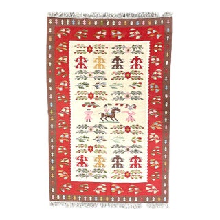 Late 20th Century Romanian Bessarabian Red & Cream Folk Art Kilim Rug For Sale
