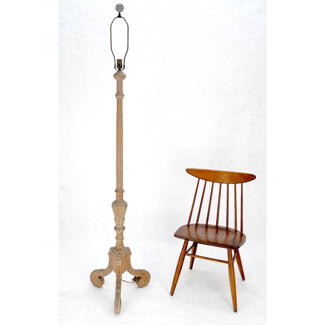 Antique c1920s Very Fine Carved Cerused Oak Tripod Base Floor Lamp MINT