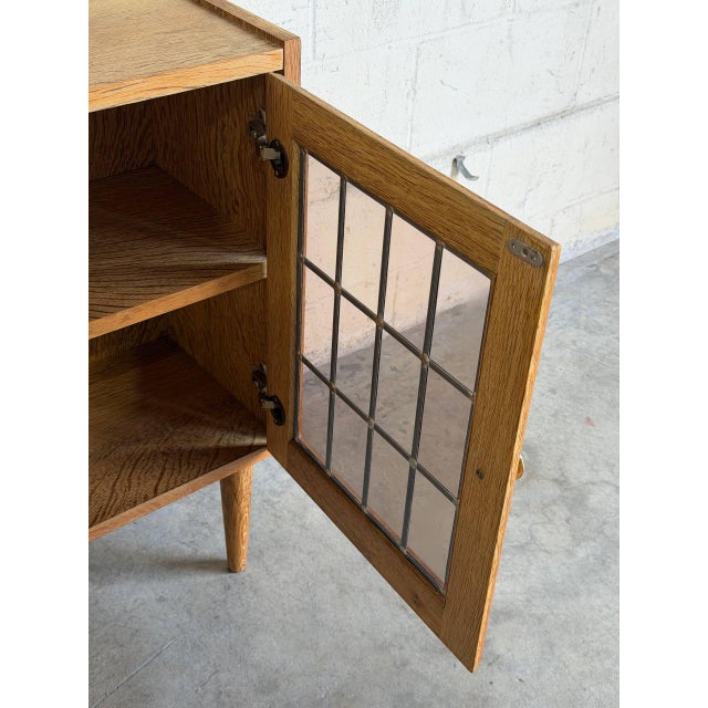 Brown Oak Display Cabinet With Leaded Glass Doors Interior Shelf Mid-Century Modern Denmark 1960s For Sale - Image 8 of 10