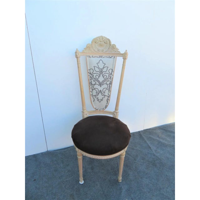 Louis xvi style side chair, Solid Maple frame with whitewashed finish, shell carved crest, brown velvet seat with blue...