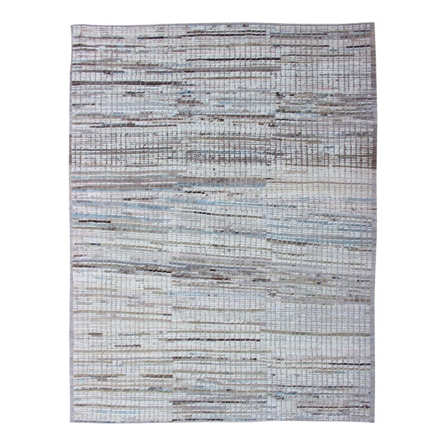 Moroccan Tribal Rug With Textured Grid Pattern in Ivory, Taupe, and Soft Blue 8'8 X 11'7 For Sale