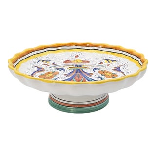 Vintage Deruta Hand Painted Pottery Raffaelesco Pedestal Raised Fruit Dish For Sale