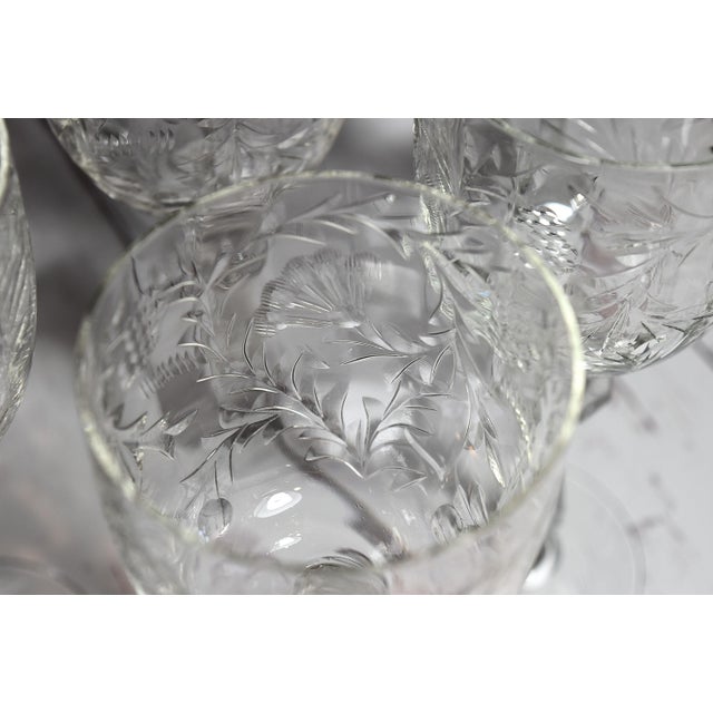 Vintage Rock Sharpe Paisley Pattern Etched Glass 8" Water Goblets Stems - Set of 7 For Sale - Image 12 of 18