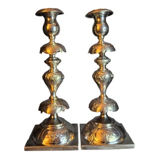 Antique Polish Judaica Silver Plated Shabbat Candlesticks Chaim Grun Warsaw 12" For Sale