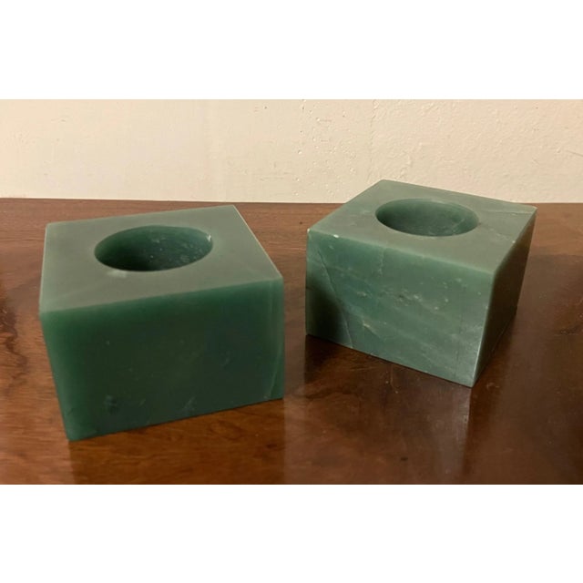 Green Green Agate Stone Square Display Base Block Cubes or Candlesticks - a Pair For Sale - Image 8 of 13