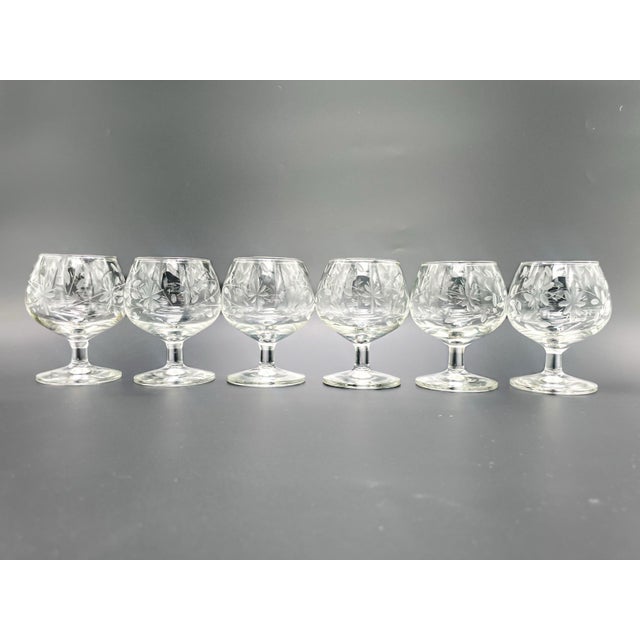 Vintage Etched Floral Crystal Brandy Snifters Set of 6 For Sale - Image 9 of 12