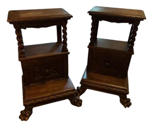Antique Carved Italian Walnut Clawfoot Nightstands - A Pair