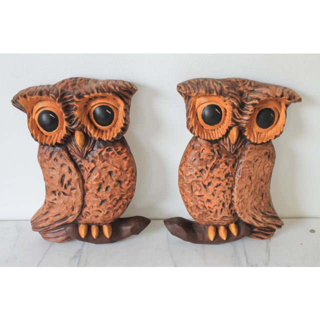 Pair of vintage ceramic owl wall hangings. Signed by artist. Dated 1982. Some minor age wear. Pictured