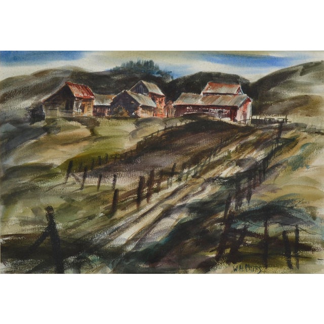Rural scene of a hillside farm, depicted in watercolor on rag paper by Northern California watercolor and acrylic artist...