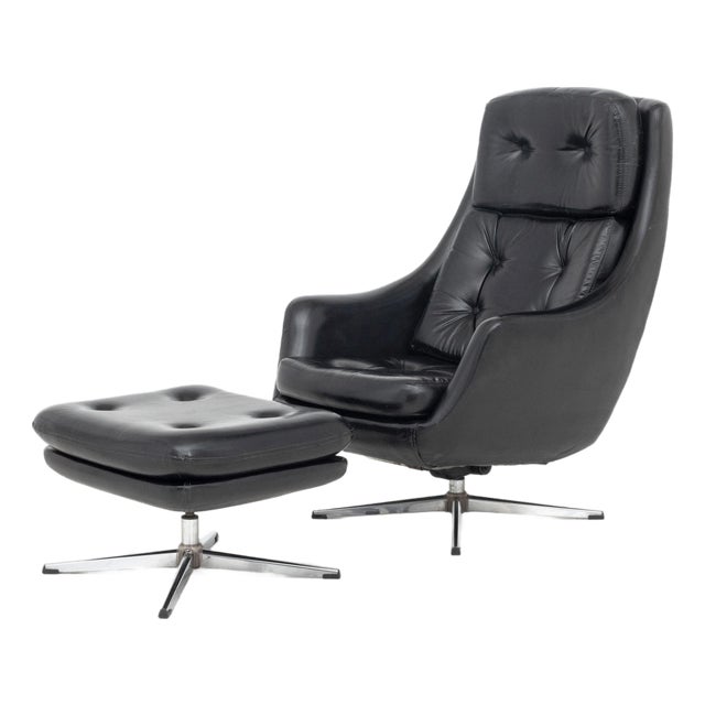 Overman Black Vinyl Lounge Chair and Ottoman For Sale
