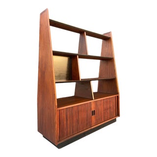 Mid Century Modern Angled Bookcase Record Cabinet With Tambour Doors For Sale