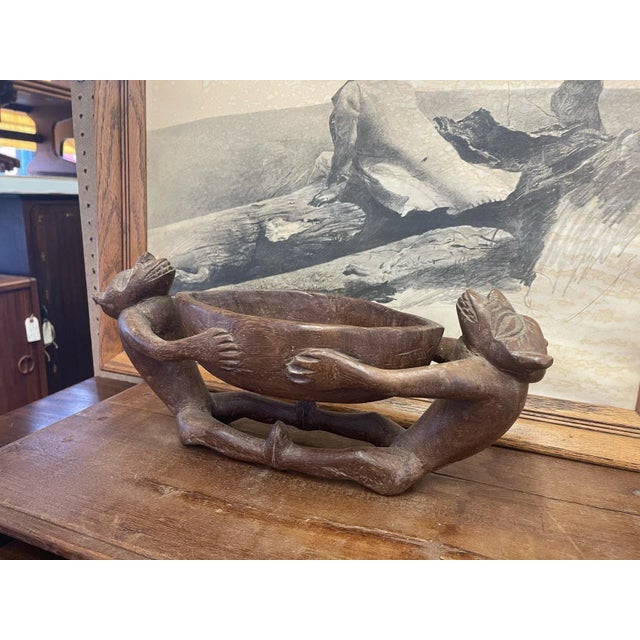 African Vintage Hand Carved Wooden Bowl With Figurines For Sale - Image 3 of 10