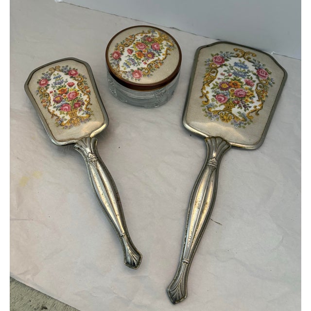 Mid 20th Century Mid-20th Century Silver Plate Vanity Set With Floral Insert – 3 Piece Boudoir Collection For Sale - Image 5 of 7