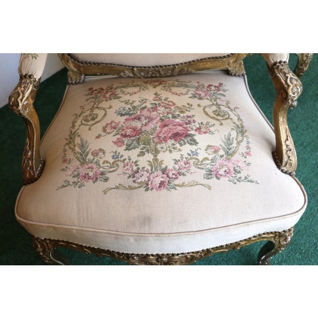 Antique Set of French Tapestry Gild Carved Gold Wood Arm Chairs Chairs & Sofa For Sale - Image 15 of 18
