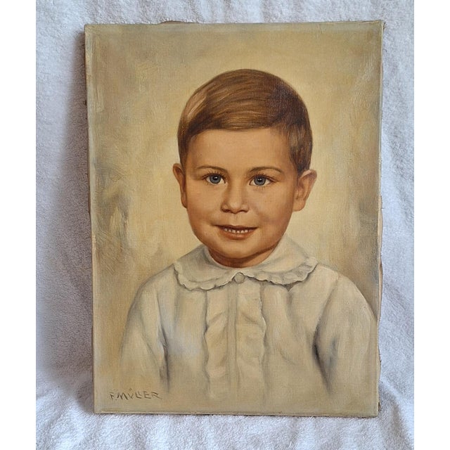 1950s F. Müller, Portrait of a Boy, 1956, Oil on Canvas For Sale - Image 5 of 5