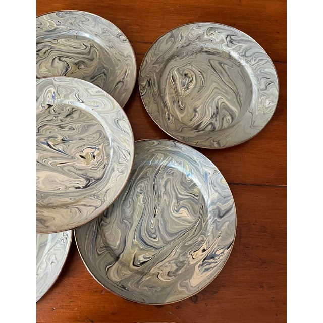 Mackenzie Childs S/6 Vintage Mackenzie Childs Enamel Marble Patterned Chargers/Dinner Plates For Sale - Image 4 of 7