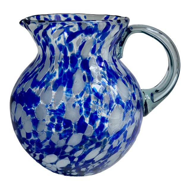 Vintage Hand Blown Blue & White Spatter Handled Glass Pitcher For Sale