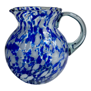 Vintage Hand Blown Blue & White Spatter Handled Glass Pitcher