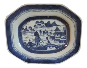 19th Century Chinese Export Canton Blue & White Porcelain Platter