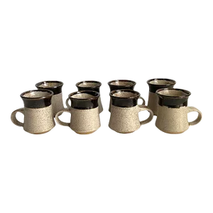 Vintage 1970s Studio Pottery Stonewear Coffee Mugs Earth Tone Speckled Brown Handmade Signed Set of 8