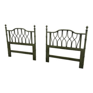 Pair 1960s Ficks Reed Attributed Twin Headboards Original Green Speckle Painted Rattan For Sale