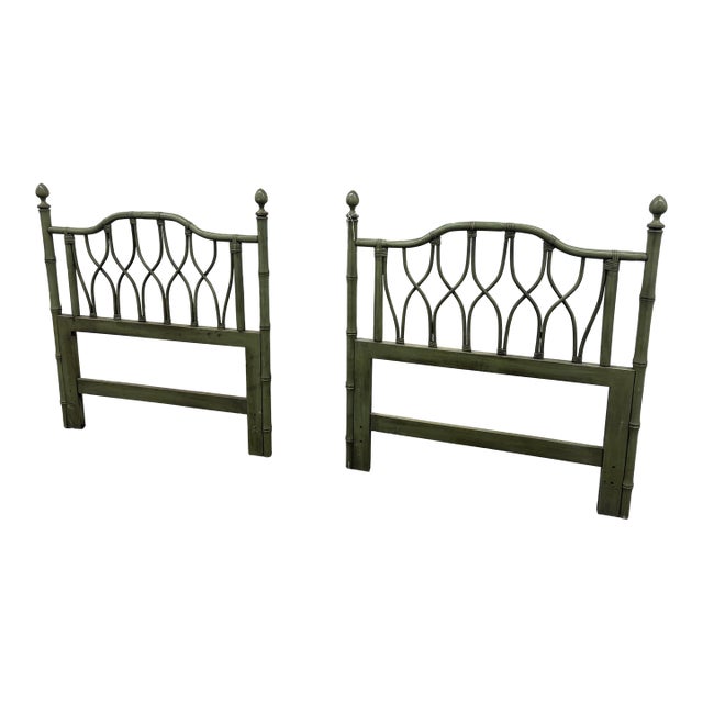Pair 1960s Ficks Reed Attributed Twin Headboards Original Green Speckle Painted Rattan For Sale