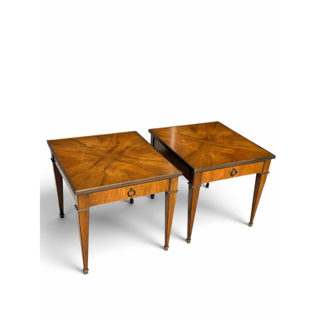 Tan 1970s Baker Furniture Satinwood & Brass Neoclassical End Tables With Glass Tops, Pair For Sale - Image 8 of 12