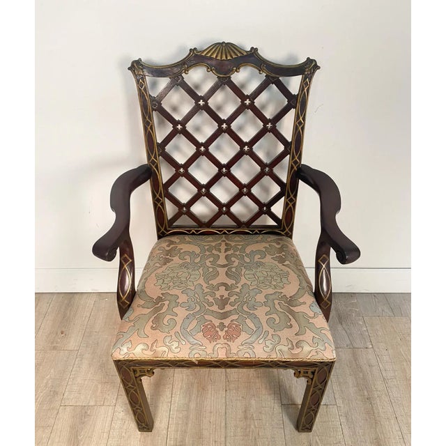 Pair of Matching Chinese Chippendale Armchairs With Blind Fretwork and Gilt Highlights For Sale In San Francisco - Image 6 of 10