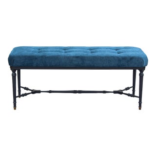 Mid-Century Blue Velvet Bench With Black Base For Sale