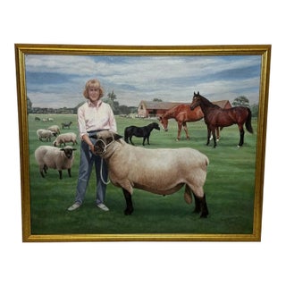 British Oil Portrait Painting Camilla Parker Bowles at Wiltshire Farm Prized Sheep & Horses, Signed Diana Douglas Hamilton Dated 2002 For Sale
