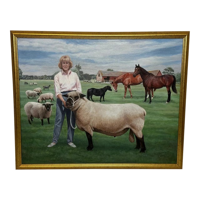 Historic British Portrait Oil Painting Camilla Parker Bowles Wiltshire Farm Prized Sheep & Horses, F For Sale