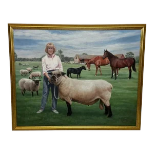 Historic British Portrait Oil Painting Camilla Parker Bowles Wiltshire Farm Prized Sheep & Horses, F