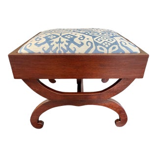 Vintage 1950s Mahogany Ottoman - Newly Upholstered in Classic Blue & White Fabric For Sale
