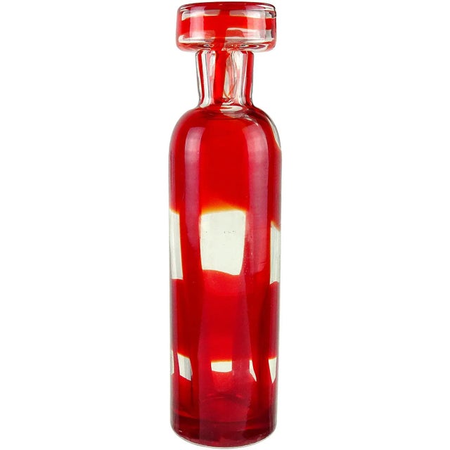 Mid 20th Century Vintage Murano Fratelli Toso Ruby Red Bands Plaid Pattern Italian Art Glass Bottle Decanter For Sale - Image 5 of 5