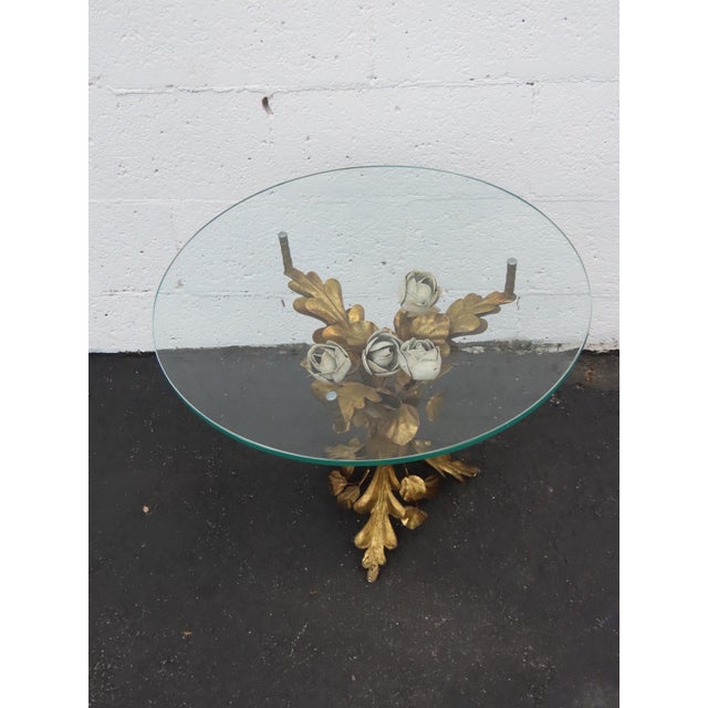 Metal Hollywood Regency Floral and Gold Painted Finish Glass Top Coffee Table 6646 For Sale - Image 7 of 15