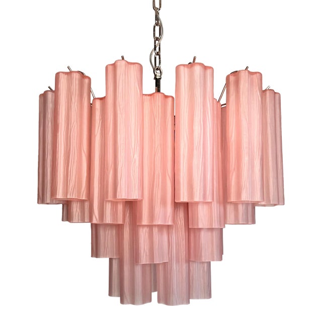 Murano Style Glass Tube Chandelier, 36 Pink Etched Glass Tube For Sale