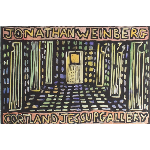 A 1998 limited edition linocut titled Shower Poster by American artist Jonathan Weinberg (b. 1957). This brightly colored...