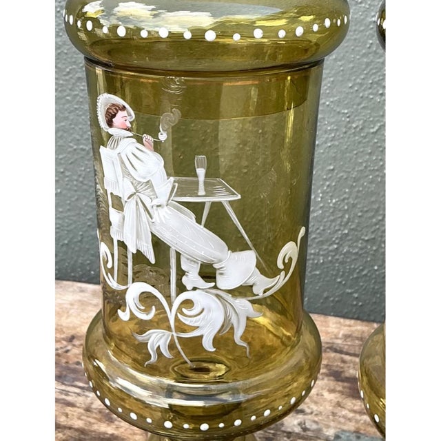 Victorian Vintage Hand-Painted Dandy Glass Apothecary Jars - Pair For Sale - Image 3 of 13