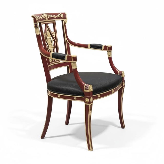 This is a pair of neo-classical style Italian hand painted bergere chairs attributed to David Michael. The graphite...