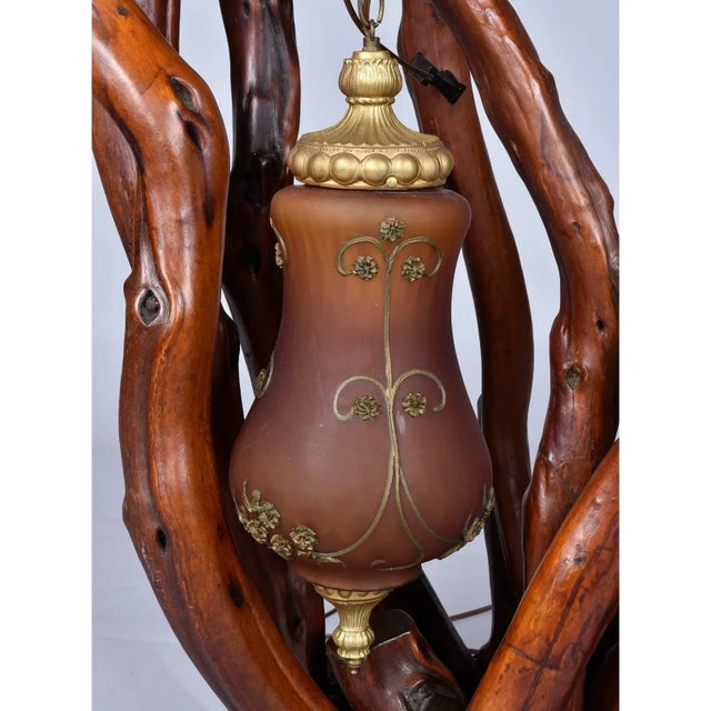 1970s 1970s Rustic Handcrafted Tree Branch Floor Lamp With Amber Glass Globes For Sale - Image 5 of 13