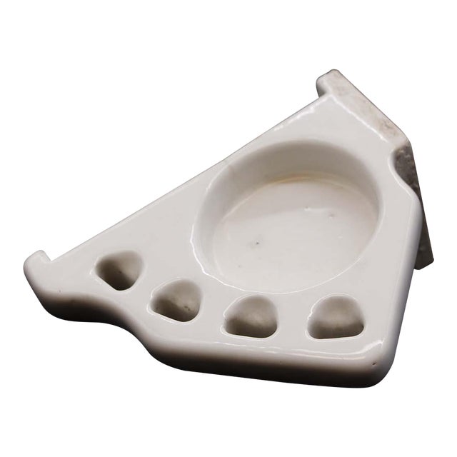 Vintage White Ceramic Corner Wall Cup & 4 Toothbrush Holder For Sale