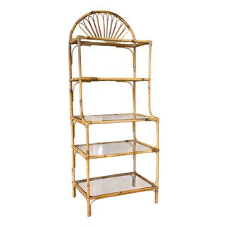 Vintage Boho Coastal Rattan Étagère With Fan Top and Glass Shelves For Sale