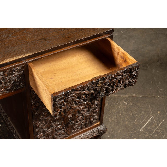 Hand-Carved Indonesian Floral Kneehole Desk For Sale - Image 13 of 16