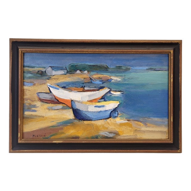 Mainié, Boats on the Shore Mainié, 1970s, Oil on Canvas, Framed For Sale