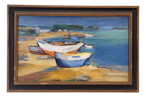 Mainié, Boats on the Shore Mainié, 1970s, Oil on Canvas, Framed