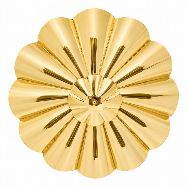 Brass Scallop Ceiling Light, Hollywood Regency Semi Flush Mount, Handmade Clam Shell Ceiling Lamp, Art Deco Gold Brass Fixture 28 Inch For Sale - Image 4 of 13