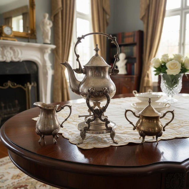 Victorian Vintage Silverplate Tilting Tea Set-Teapot Creamer Sugar Bowl-Victorian Style For Sale - Image 3 of 10